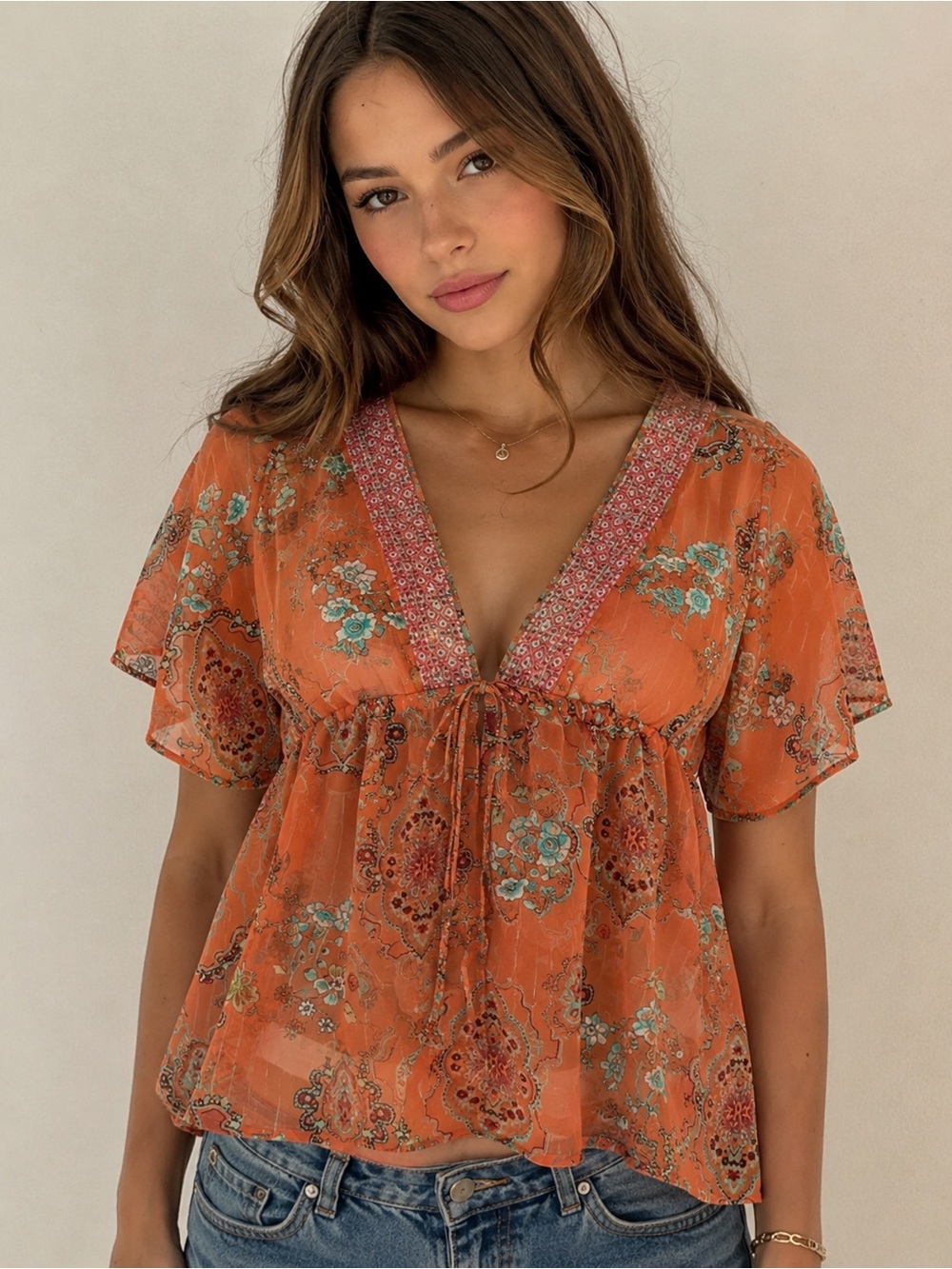 Vintage Y2K Meghan LA Orange Floral Paisley V-Neck Boho Babydoll Top